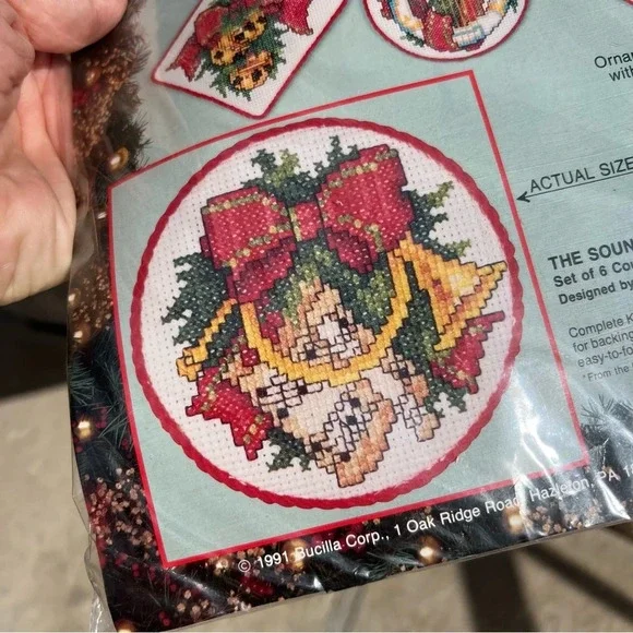 Vintage Bucilla The sounds of Christmas set of 6 counted cross stitch ornaments - Picture 3 of 5